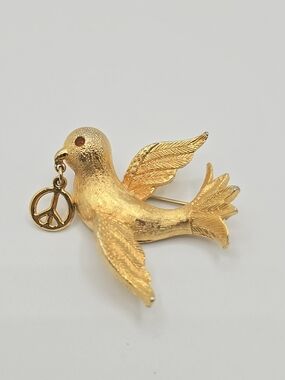 VTG Dove Peace Brooch MYLU Gold Tone Bird Dangling Peace Sign Pin 1-5/8"